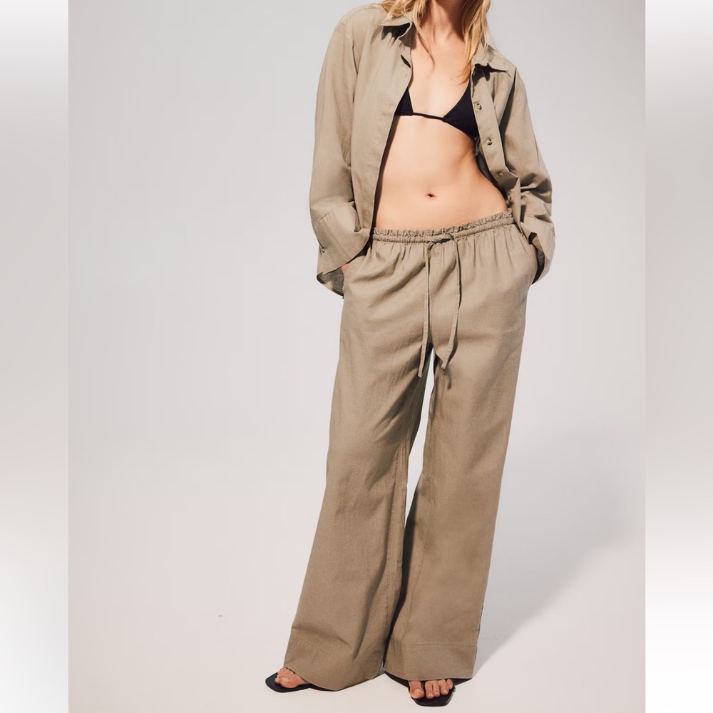 Beige linen wide leg pants
